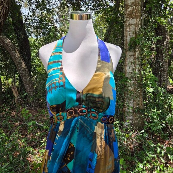 Y2k Robbie Bee womens silk babydoll Dress 14 Blue Fairycore Whimsy Halter prom - Picture 10 of 10